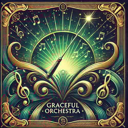 DALL·E 2024-10-10 14.47.20 - An elegant and bold version of the Graceful Orchestra album cover with deep jewel tones like emerald green and sapphire blue. The design features a 